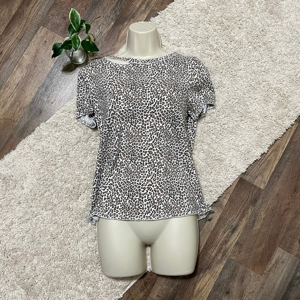 Anthropologie T.la Size XS White Brown Leopard Print Distressed Cutout Tee